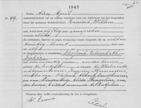 Uittreksel uit het overlijdensregister der Gemeente Warnsveld