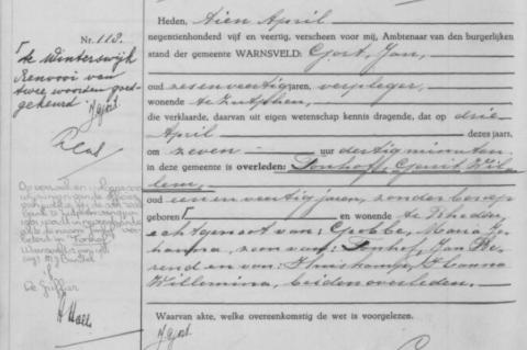 Uittreksel uit het overlijdensregister der Gemeente Warnsveld
