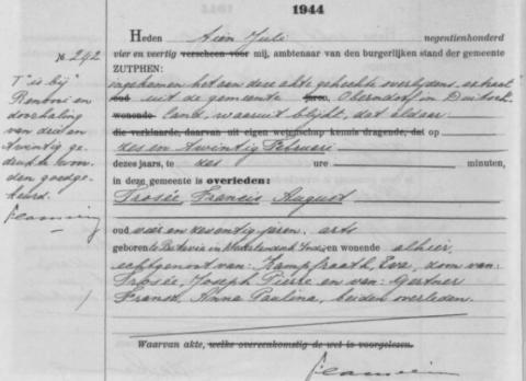 Uittreksel uit het overlijdensregister der Gemeente Zutphen