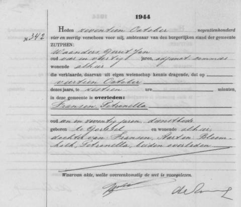 Uittreksel uit het overlijdensregister der Gemeente Zutphen