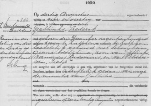 Uittreksel uit het overlijdensregister der Gemeente Zutphen