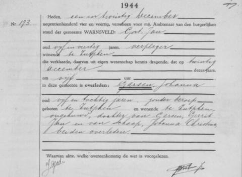 Uittreksel uit het overlijdensregister der Gemeente Warnsveld