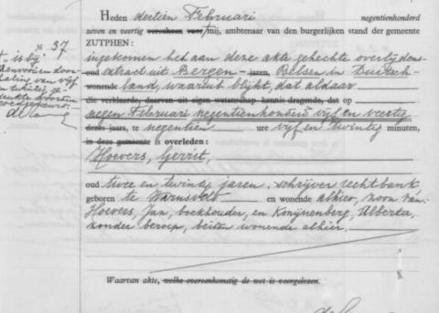 Uittreksel uit het overlijdensregister der Gemeente Zutphen