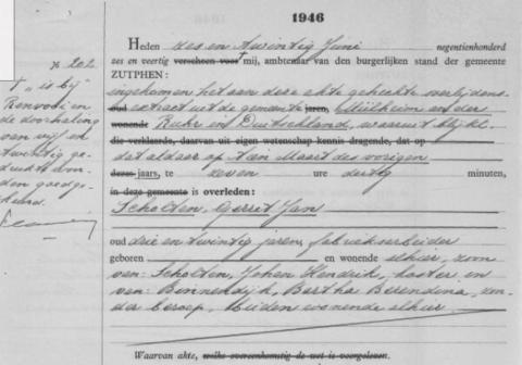 Uittreksel uit het Overlijdensregister van de Gemeente Zutphen