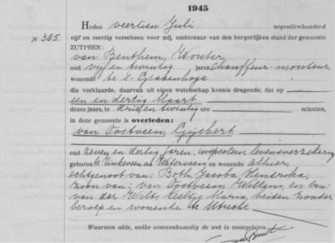 Uittreksel uit het overlijdensregister der Gemeente Zutphen