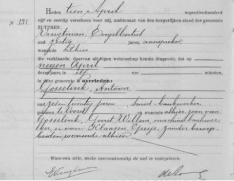 Uittreksel uit het overlijdensregister der Gemeente Zutphen