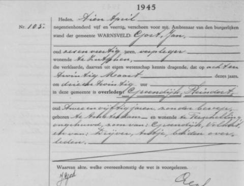 Uittreksel uit het overlijdensregister der Gemeente Warnsveld
