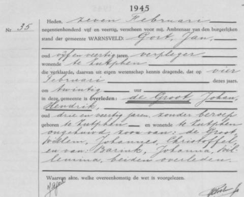 Uittreksel uit het overlijdensregister der Gemeente Warnsveld