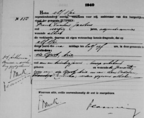 Uittreksel uit het overlijdensregister der Gemeente Zutphen