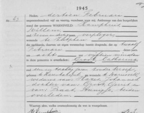 Uittreksel uit het overlijdensregister der Gemeente Warnsveld