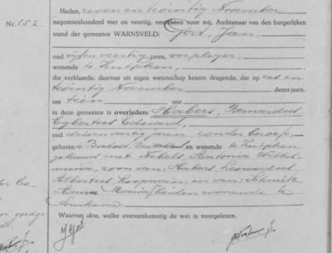 Uittreksel uit het overlijdensregister der Gemeente Warnsveld