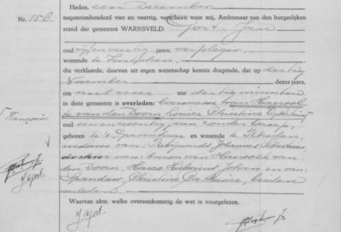 Uittreksel uit het overlijdensregister der Gemeente Warnsveld