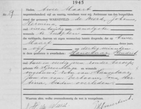 Uittreksel uit het overlijdensregister der Gemeente Warnsveld