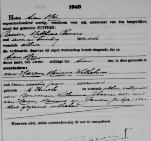 Uittreksel uit het overlijdensregister der Gemeente Zutphen