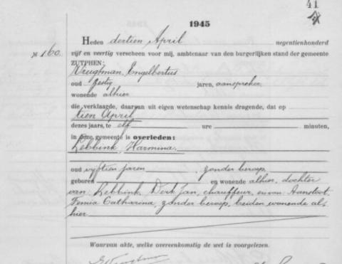 Uittreksel uit het overlijdensregister der Gemeente Zutphen