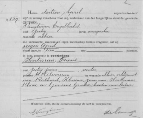 Uittreksel uit het overlijdensregister der Gemeente Zutphen