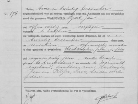 Uittreksel uit het overlijdensregister der Gemeente Warnsveld
