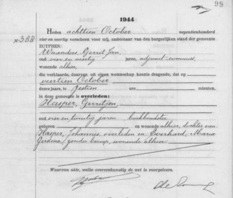 Uittreksel uit het overlijdensregister der Gemeente Zutphen