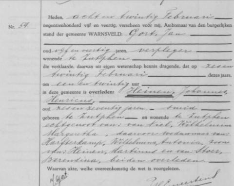 Uittreksel uit het overlijdensregister der Gemeente Warnsveld