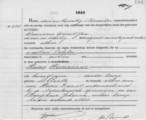 Uittreksel uit het overlijdensregister der Gemeente Zutphen