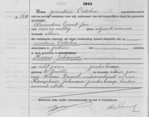 Uittreksel uit het overlijdensregister der Gemeente Zutphen