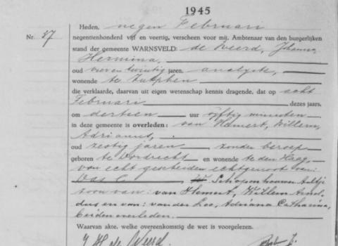 Uittreksel uit het overlijdensregister der Gemeente Warnsveld