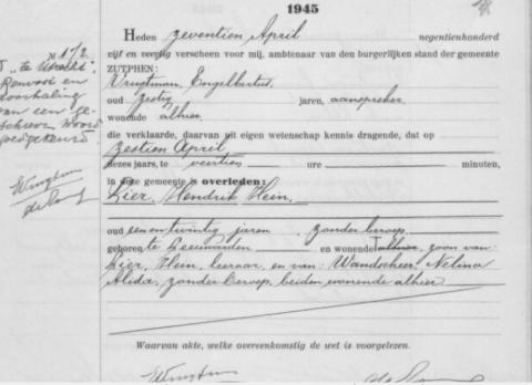 Uittreksel uit het overlijdensregister der Gemeente Zutphen