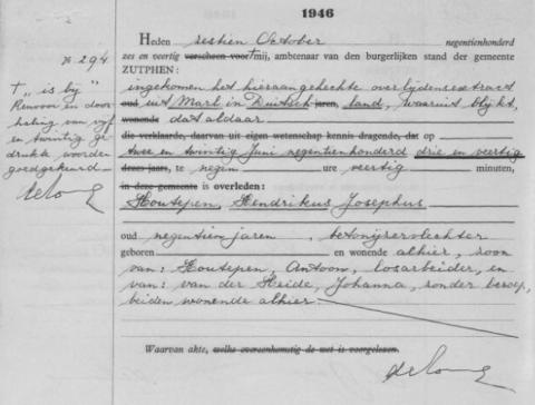 Uittreksel uit het overlijdensregister der Gemeente Zutphen