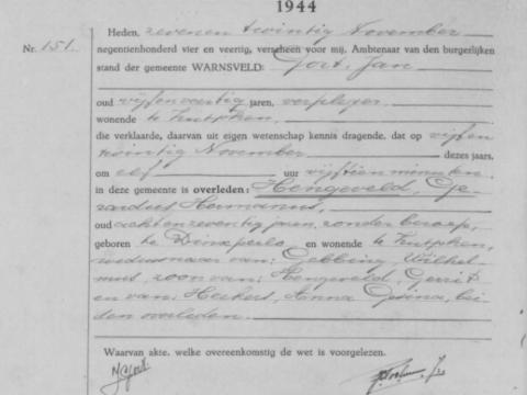 Uittreksel uit het overlijdensregister der Gemeente Warnsveld
