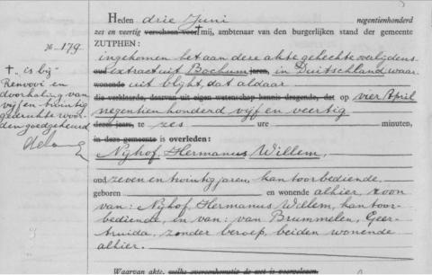 Uittreksel uit het overlijdensregister der gemeente Zutphen