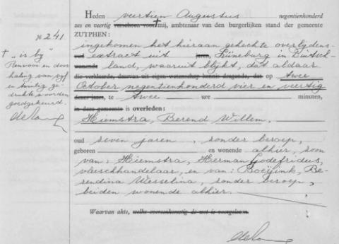 Uittreksel uit het Overlijdens Register der Gemeente Zutphen