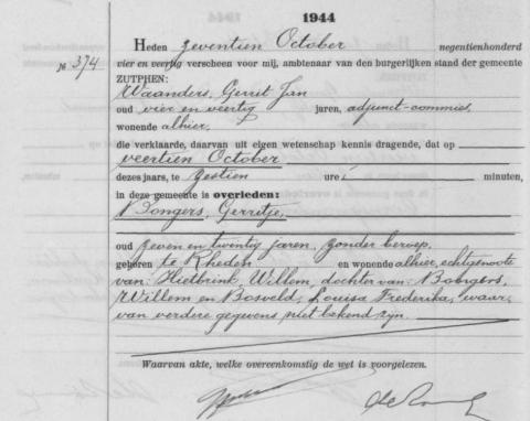Uittreksel uit het overlijdensregister der Gemeente Zutphen
