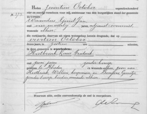 Uittreksel uit het overlijdensregister der Gemeente Zutphen