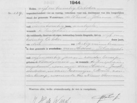 Uittreksel uit het overlijdensregister der Gemeente Warnsveld