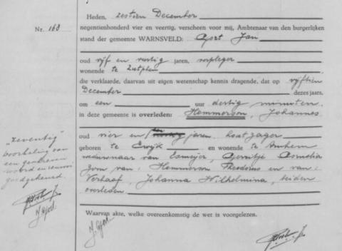 Uittreksel uit het overlijdensregister der Gemeente Warnsveld