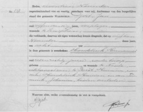 Uittreksel uit het overlijdensregister der Gemeente Warnsveld