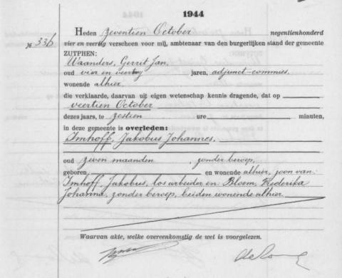 Uittreksel uit het overlijdensregister der Gemeente Zutphen