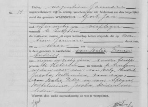Uittreksel uit het overlijdensregister der Gemeente Warnsveld
