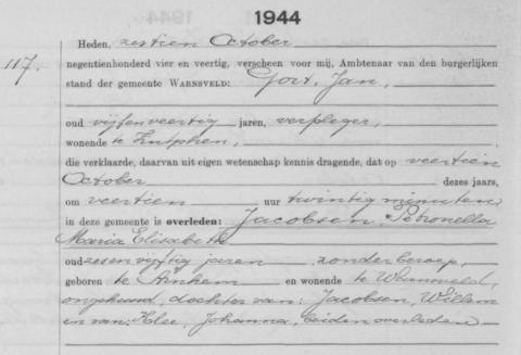 Uittreksel uit het overlijdensregister der Gemeente Warnsveld