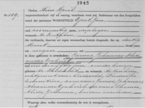 Uittreksel uit het overlijdensregister der Gemeente Warnsveld