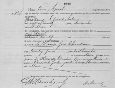 Uittreksel uit het overlijdensregister der Gemeente Zutphen