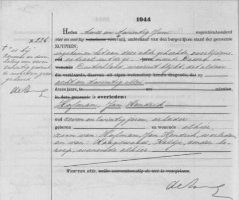 Uittreksel uit het overlijdensregister der Gemeente Zutphen