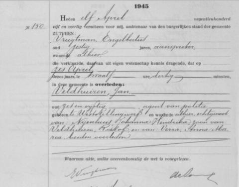 Uittreksel uit het overlijdensregister der Gemeente Zutphen