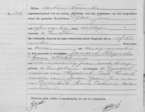 Uittreksel uit het overlijdensregister der Gemeente Warnsveld