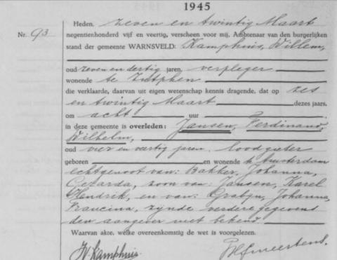 Uittreksel uit het overlijdensregister der Gemeente Warnsveld