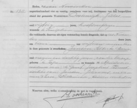 Uittreksel uit het overlijdensregister der Gemeente Warnsveld