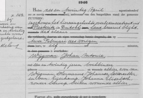 Uittreksel uit het overlijdensregister der Gemeente Zutphen