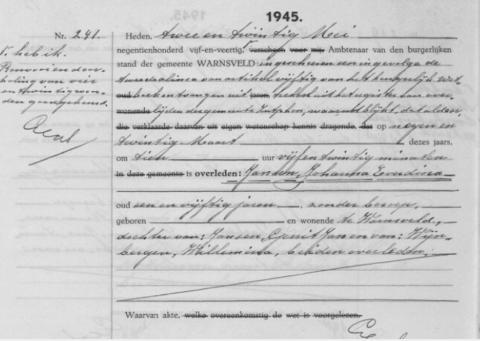 Uittreksel uit het overlijdensregister der Gemeente Warnsveld