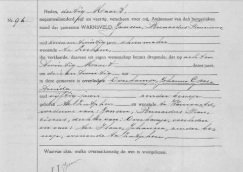 Uittreksel uit het overlijdensregister der Gemeente Warnsveld