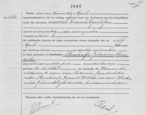 Uittreksel uit het overlijdensregister der Gemeente Zutphen